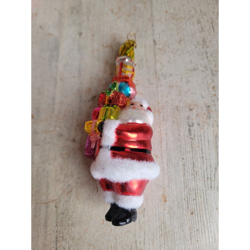 Santa Claus gift stacked blown glass ornament Xmas glitter flocked home decor